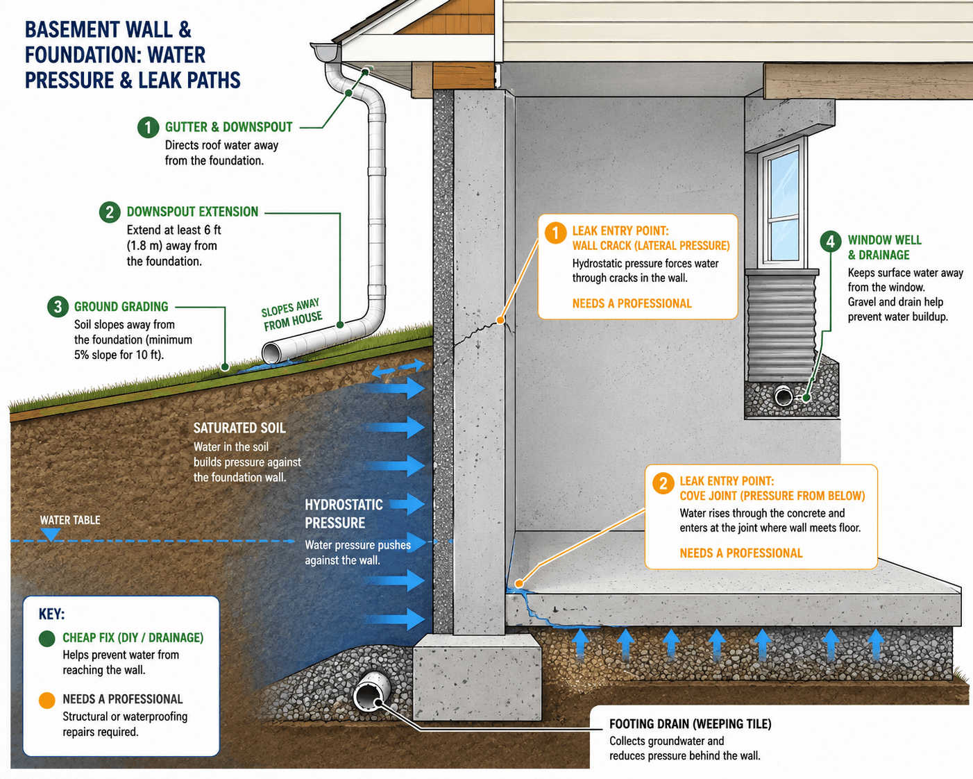 Cross-section diagram of a basement wall and foundation showing hydrostatic pressure from saturated soil, the four drainage fixes (gutter, downspout extension, ground grading, window well) marked as cheap DIY fixes, and the two leak entry points (wall crack and cove joint) marked as needing a professional