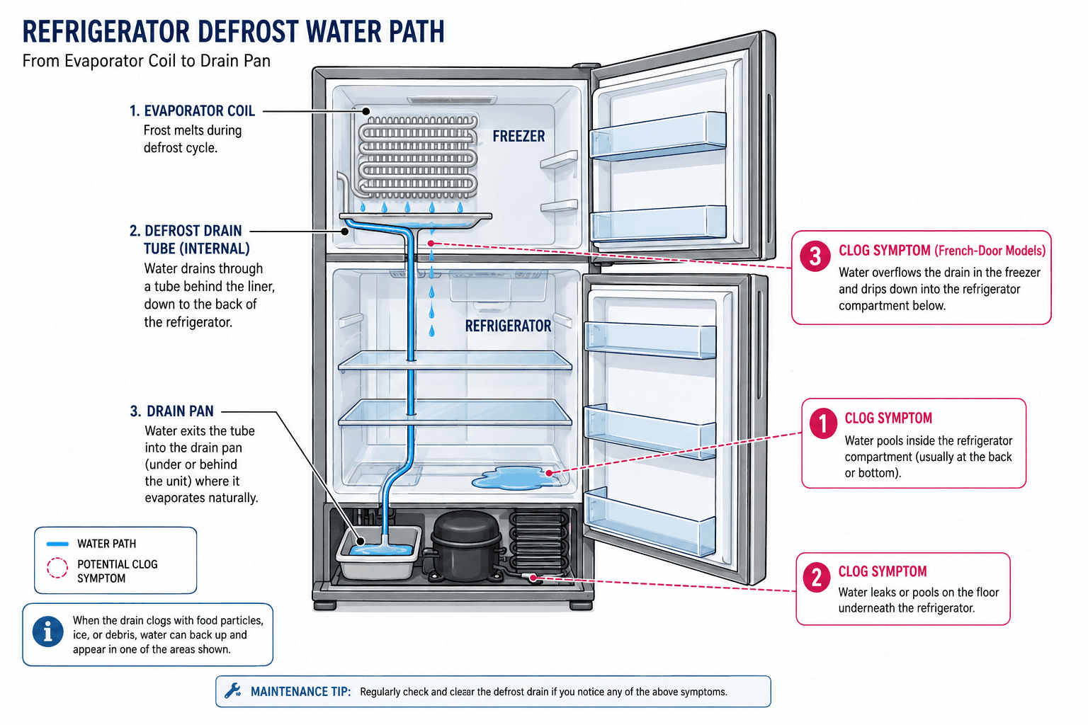 Cutaway diagram of a refrigerator tracing the defrost water path from the evaporator coil through the internal drain tube to the drain pan, with the three clog symptoms marked — pooling inside, water on the floor underneath, and freezer-to-fridge dripping on French-door models