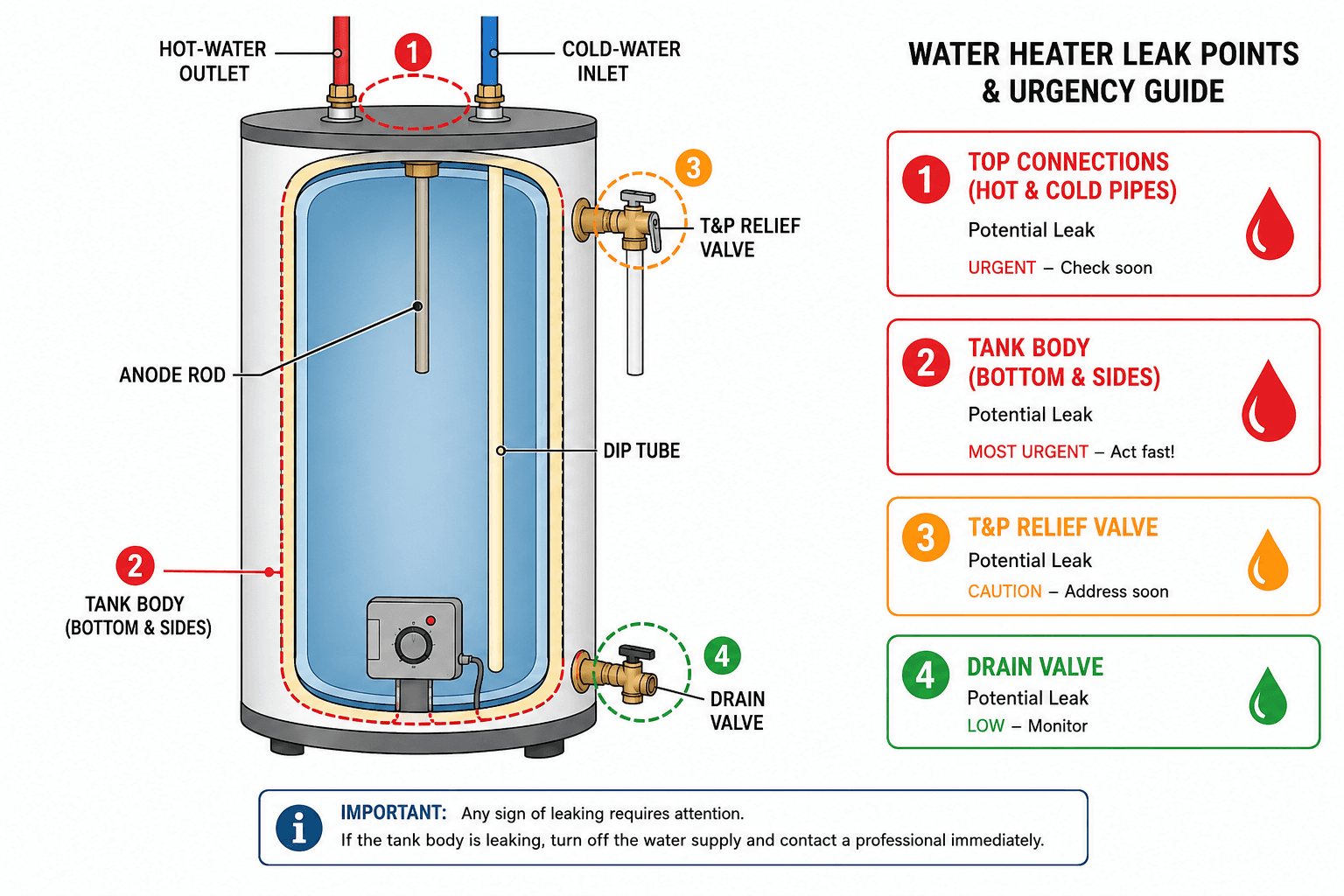 Diagram of a tank water heater showing four leak points — top connections, tank body, T&P relief valve, and drain valve — each labeled with an urgency level